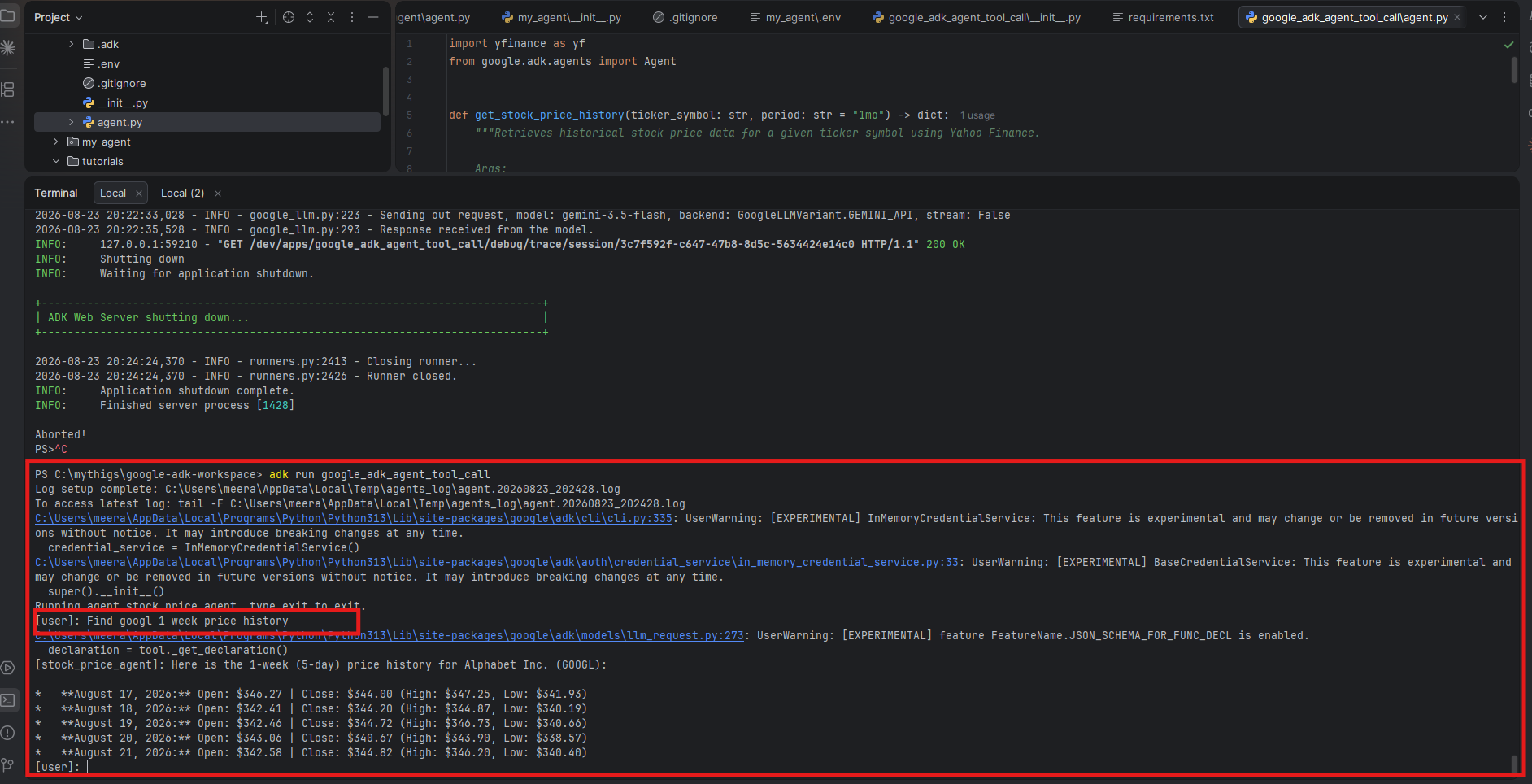 ADK CLI calling the get_stock_price_history tool