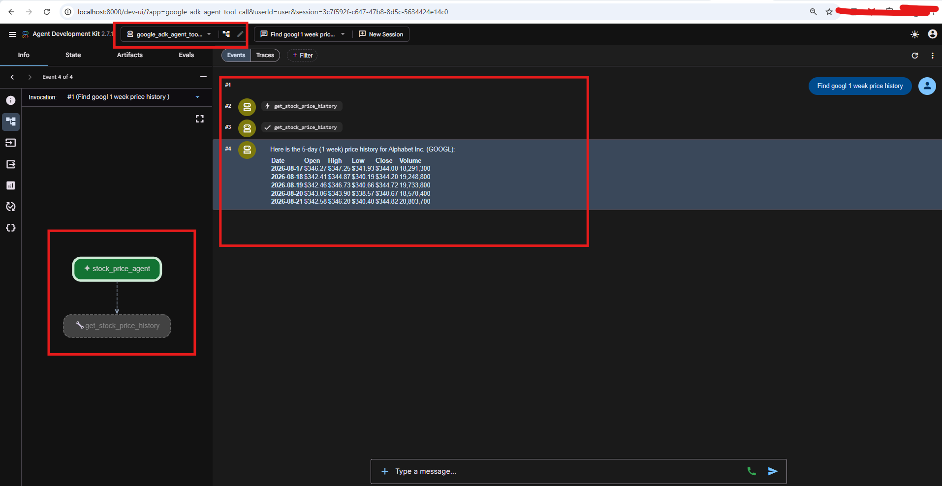 ADK Web UI events panel showing the tool call and response