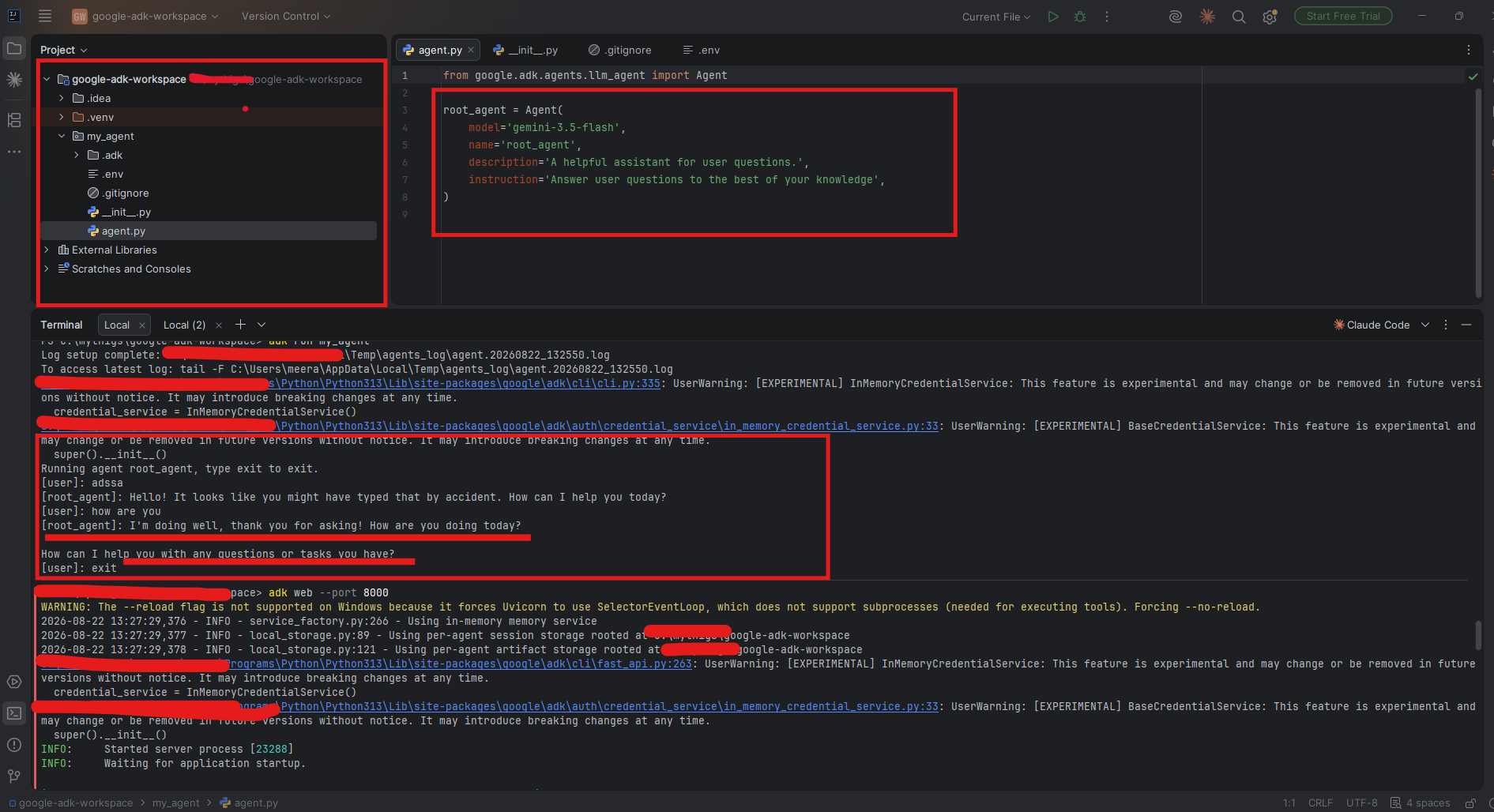 Google ADK generated agent.py and CLI session