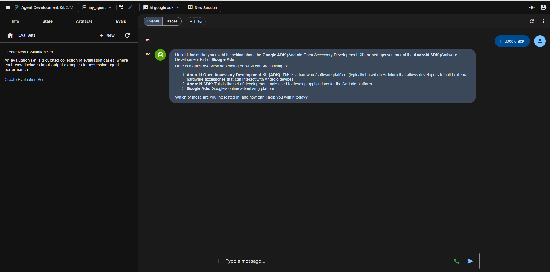 Google ADK Web UI chat session