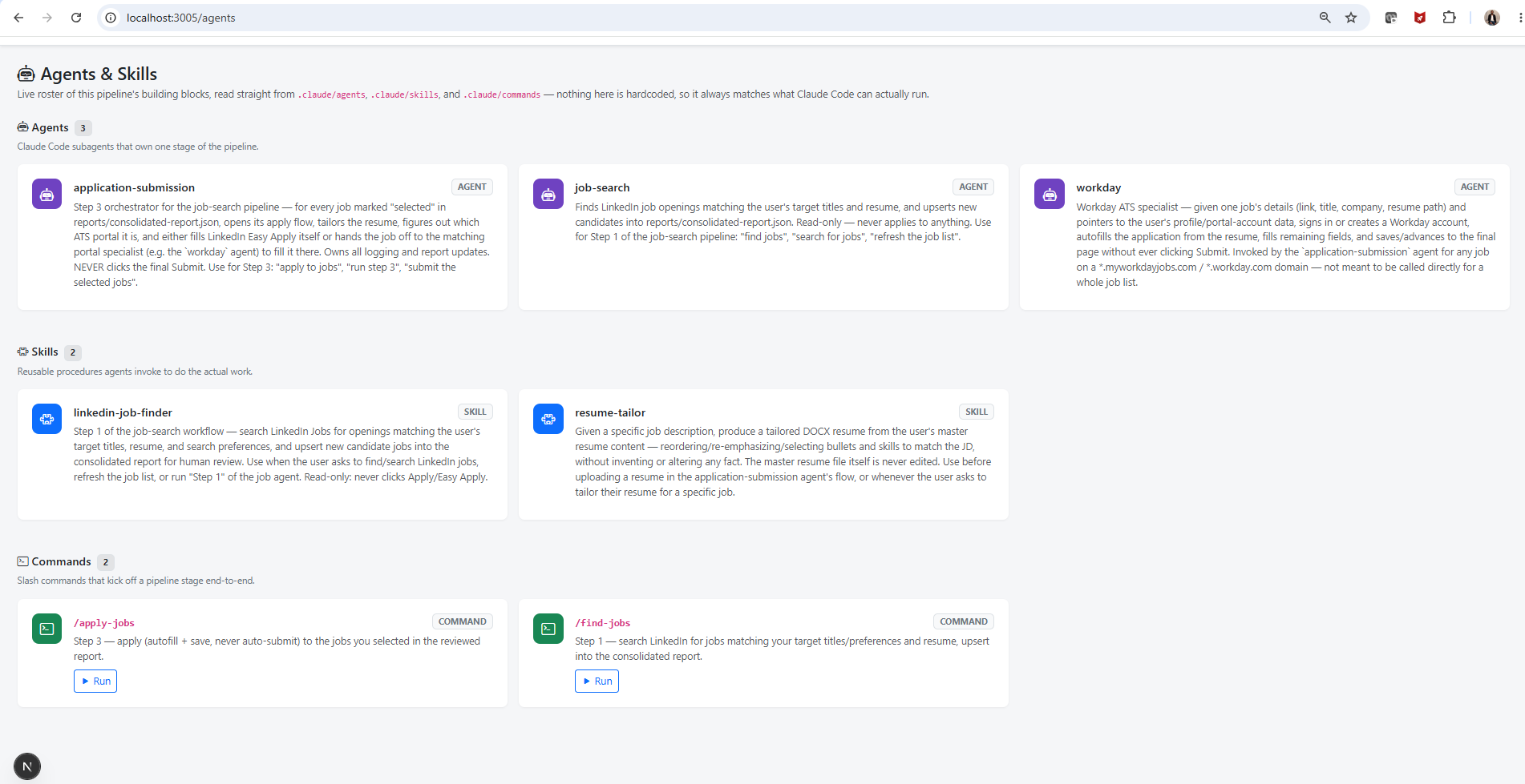 Agents and Skills registry page listing three agents (application-submission, job-search, workday), two skills (linkedin-job-finder, resume-tailor), and two commands (/apply-jobs, /find-jobs)