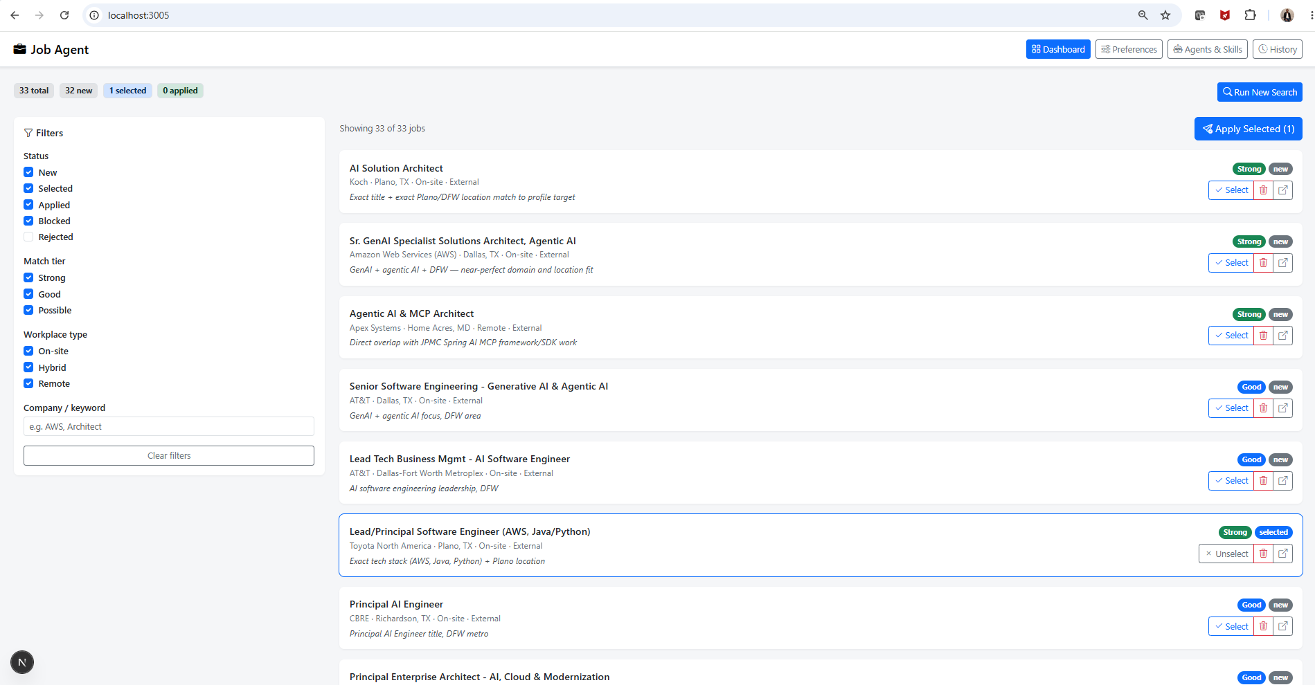 Job Agent dashboard listing scored job matches with Strong/Good status badges, Select buttons, and an Apply Selected count