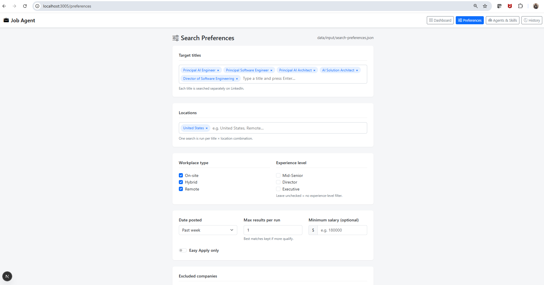 Search Preferences screen showing target titles, locations, workplace type, experience level, date posted, and Easy Apply toggle