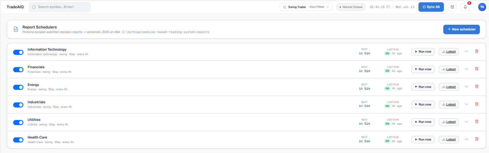 TradeAIQ Report Schedulers